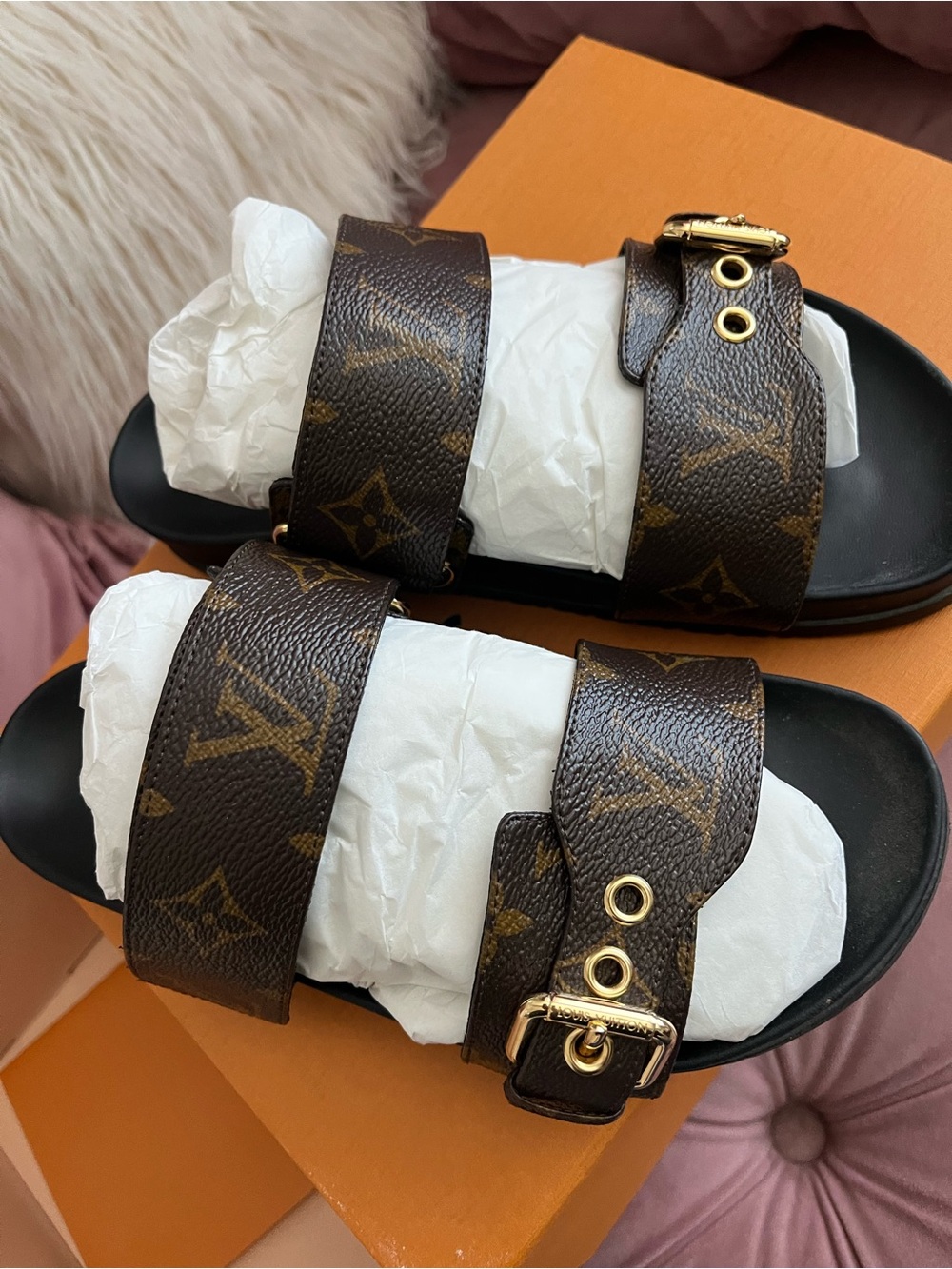 Louis Vuitton Brown Monogram Double-Strap Slide Sandals with Gold Buckles